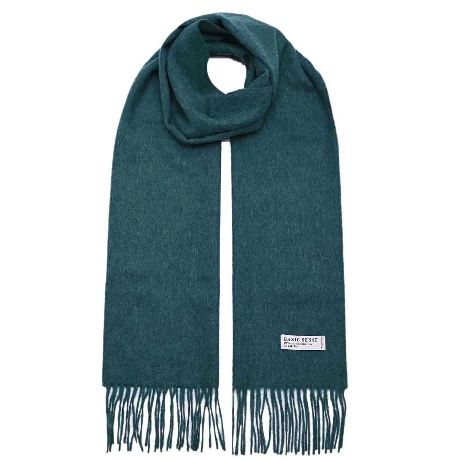 Teal Mongolian wool scarf with fringed ends and brand label, warm and soft unisex accessory