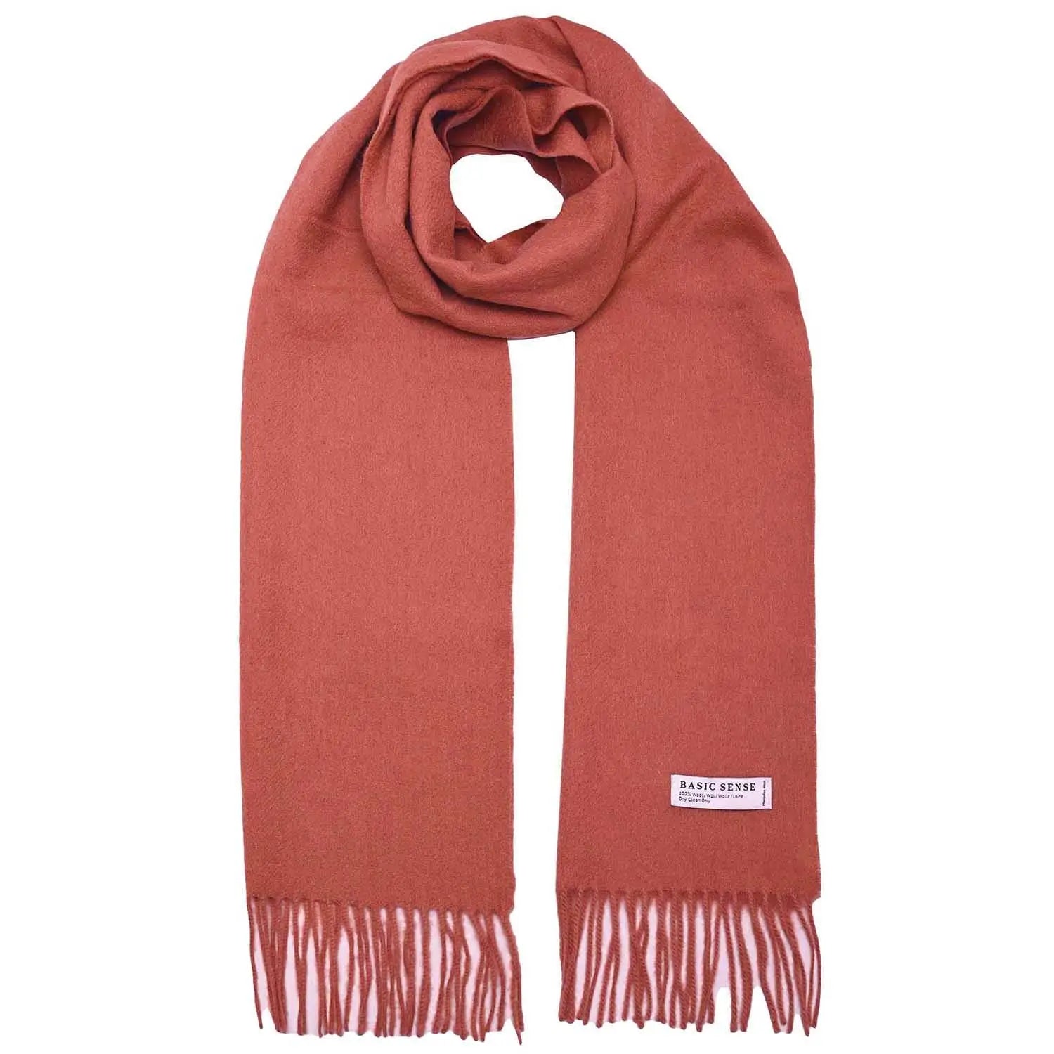 Coral Mongolian wool scarf with fringed ends, soft and warm unisex accessory