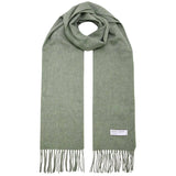 Sage green Mongolian wool scarf with fringed ends and brand label, warm and soft