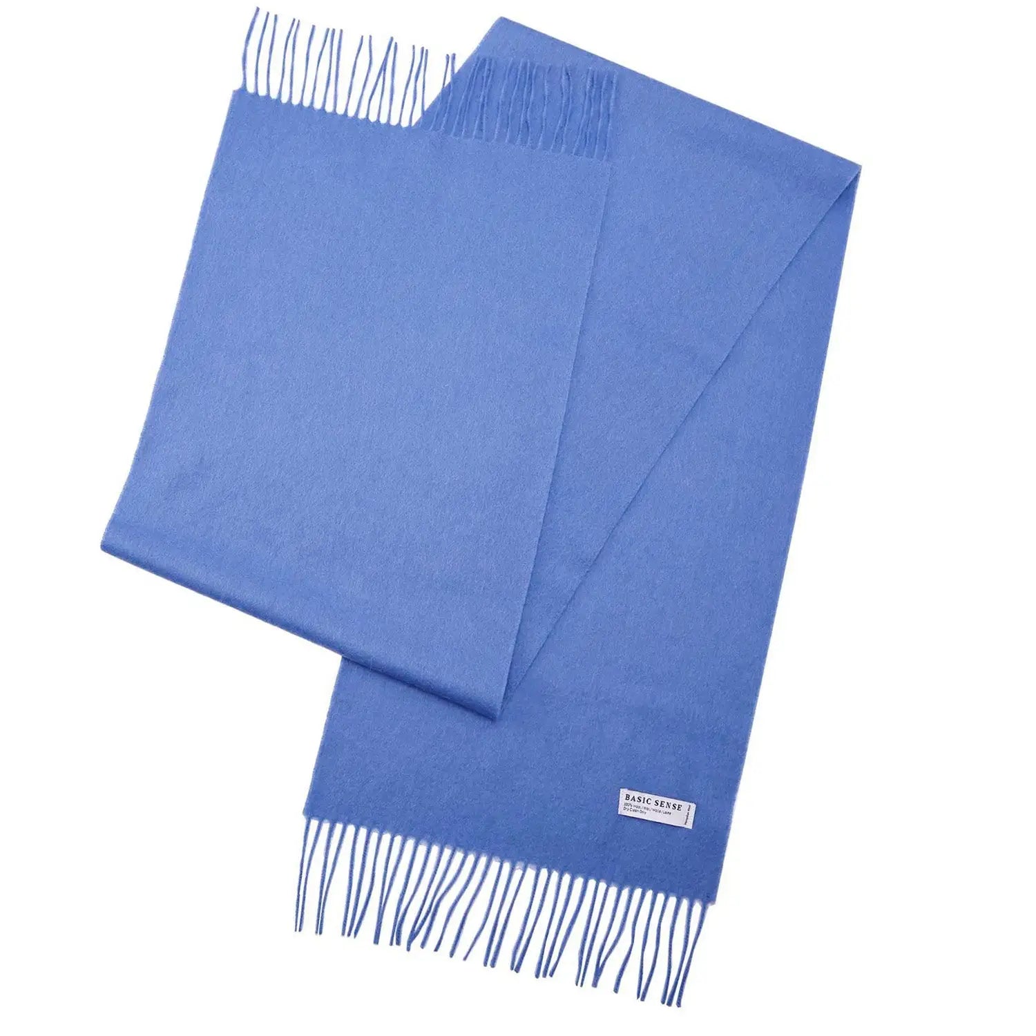 Blue Mongolian wool scarf with white fringe, soft and warm for unisex wear