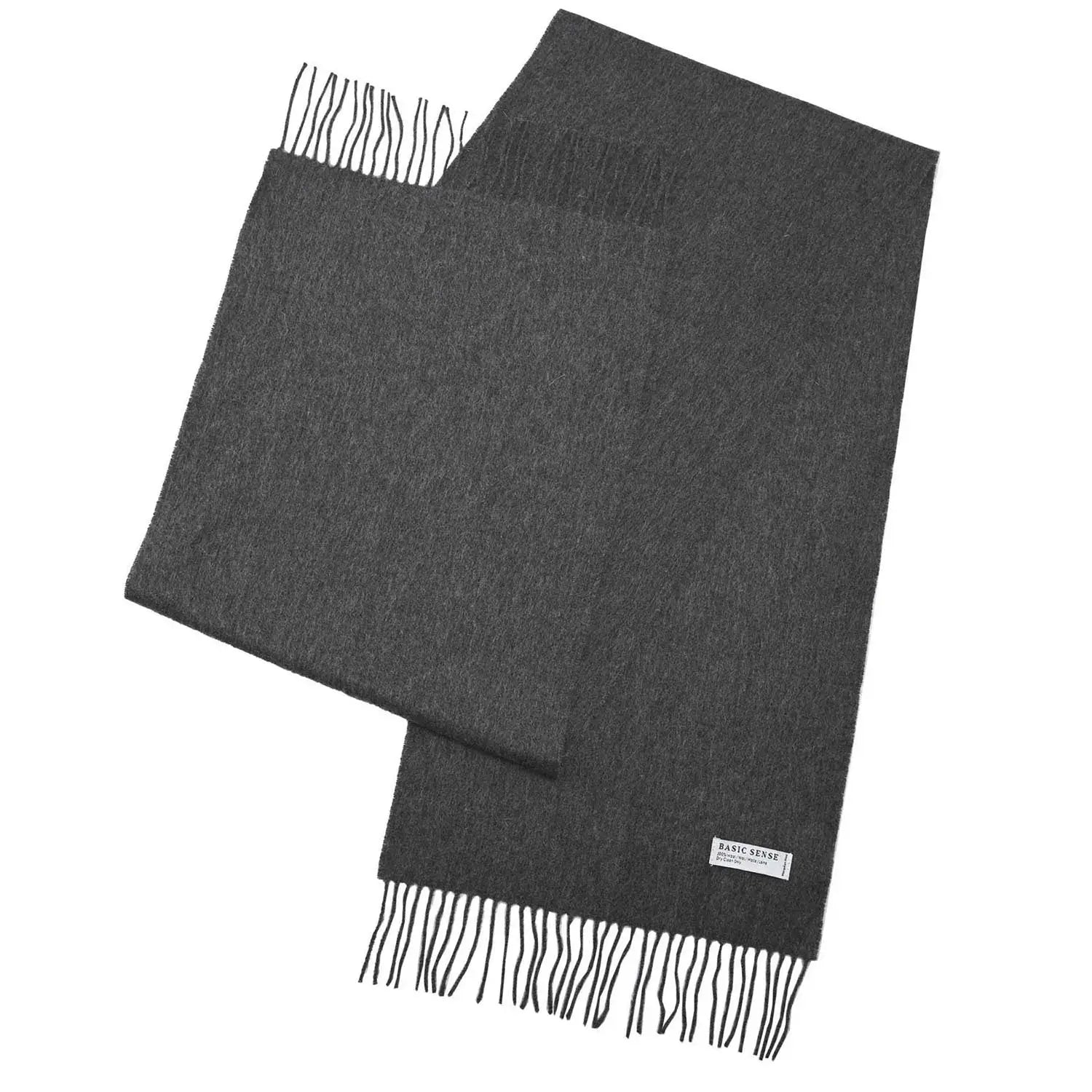 Gray Mongolian wool scarf with fringed ends, warm and soft unisex accessory