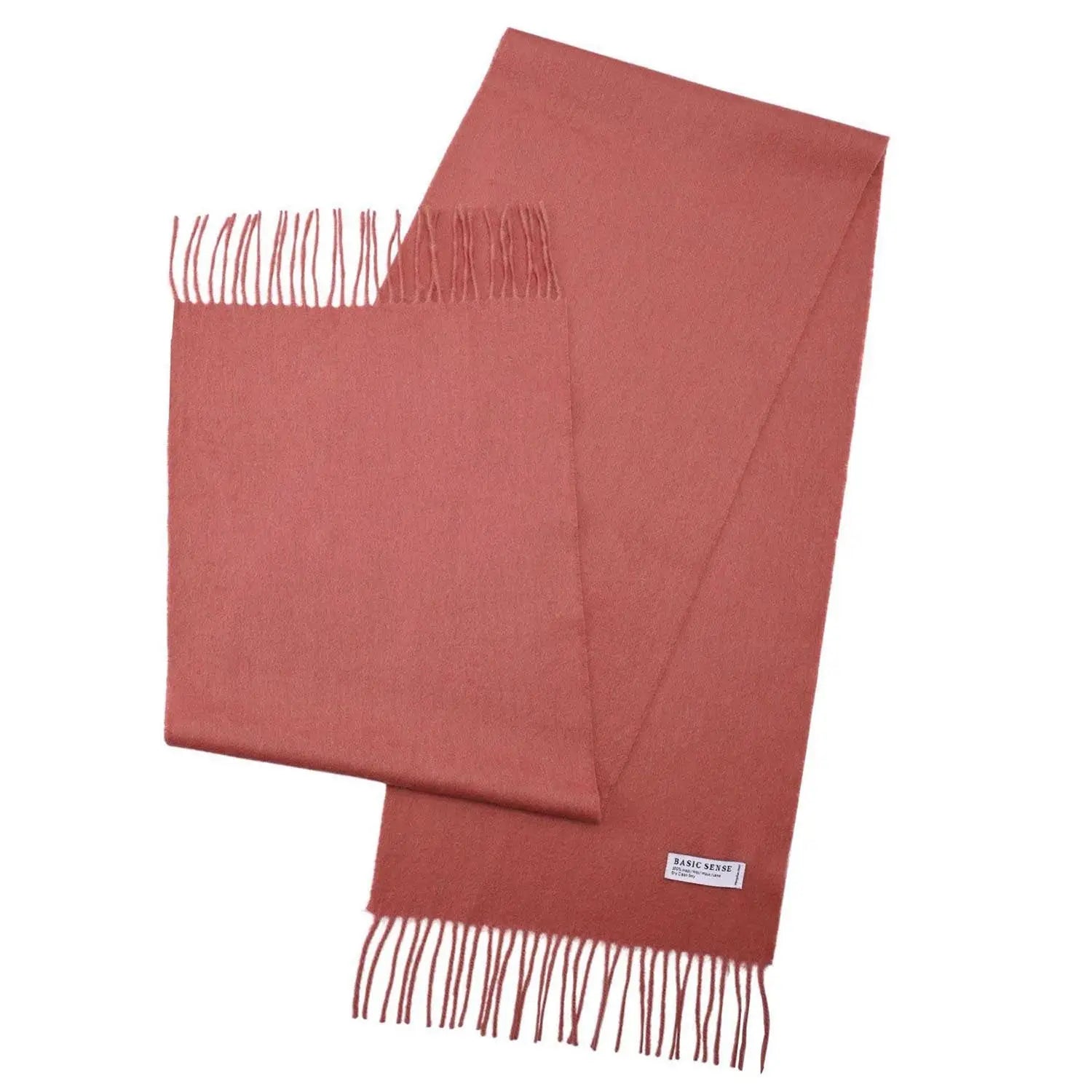 Salmon-colored Mongolian wool scarf with fringed ends, soft and unisex, 190 x 32 cm