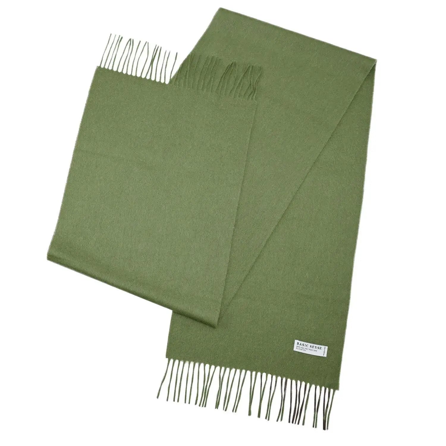 Olive green Mongolian wool scarf with fringed ends, soft and warm, unisex design