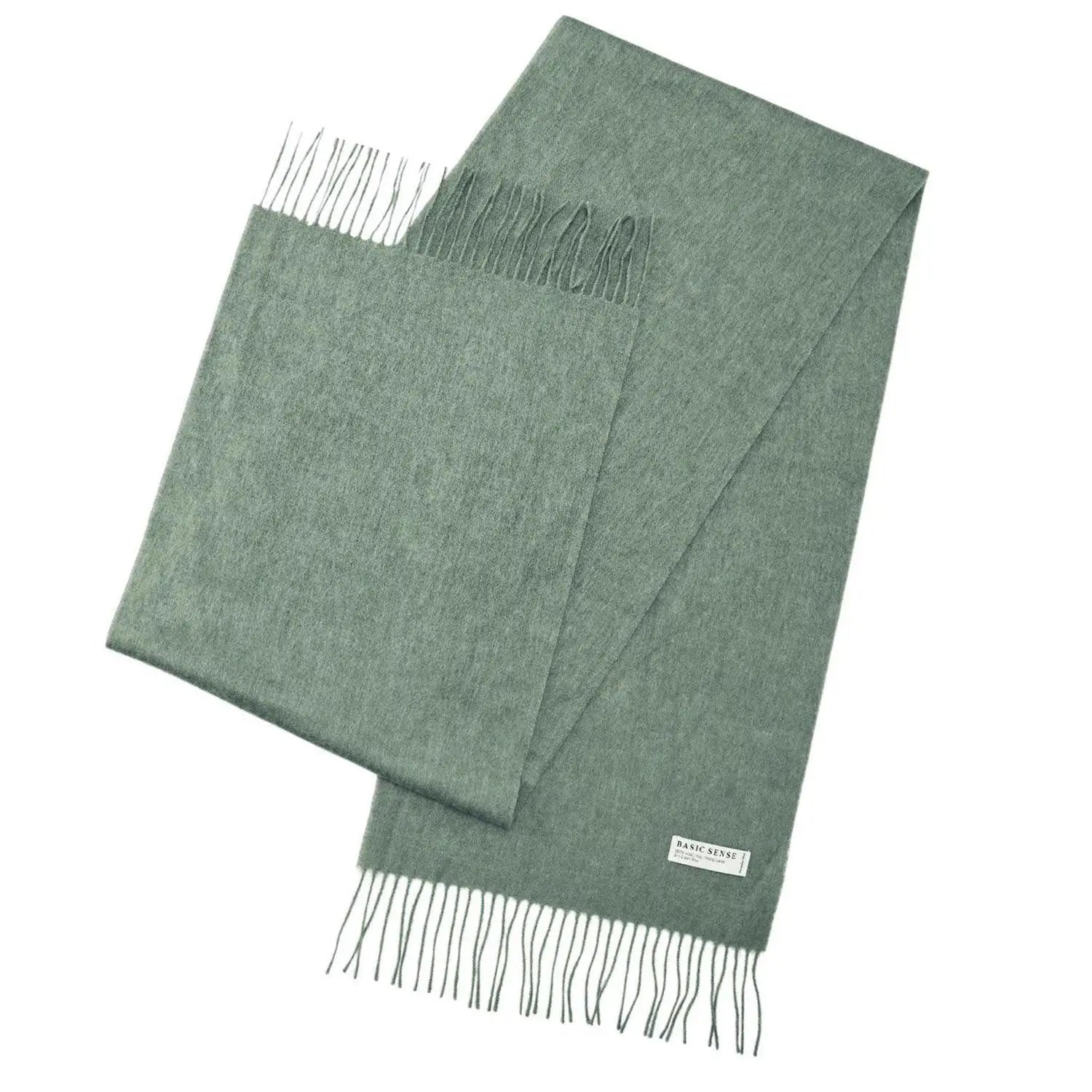 Sage green Mongolian wool scarf with fringed ends, soft and warm for any occasion