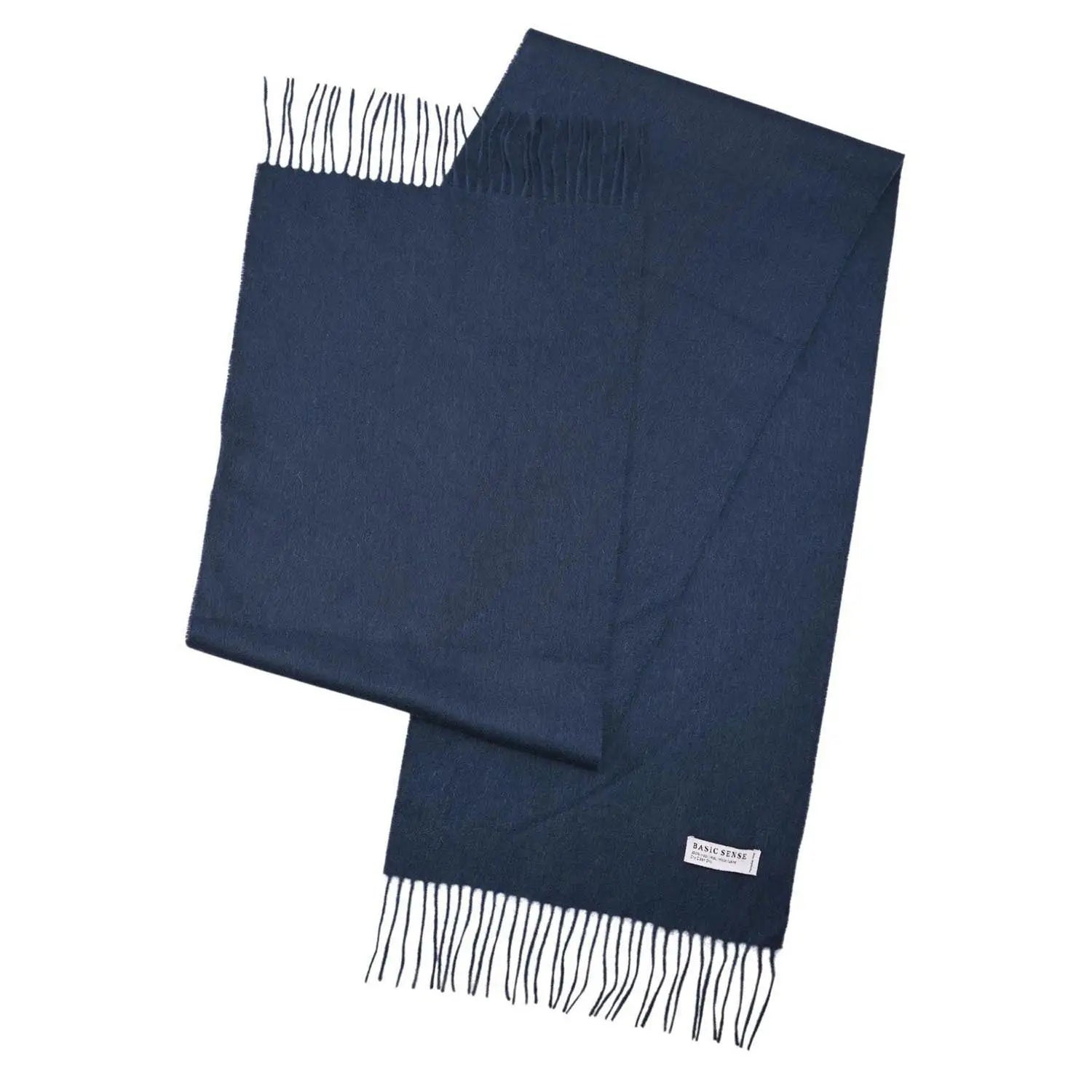 Navy blue Mongolian wool scarf with fringed ends, warm and soft unisex accessory