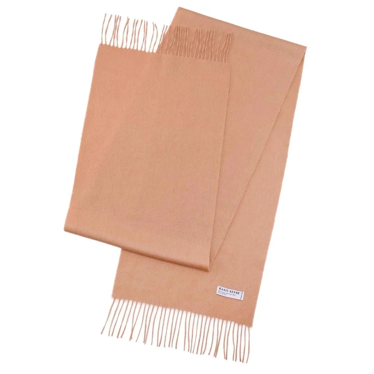 Peach-colored Mongolian wool scarf with fringed ends, soft and unisex, 190 x 32 cm