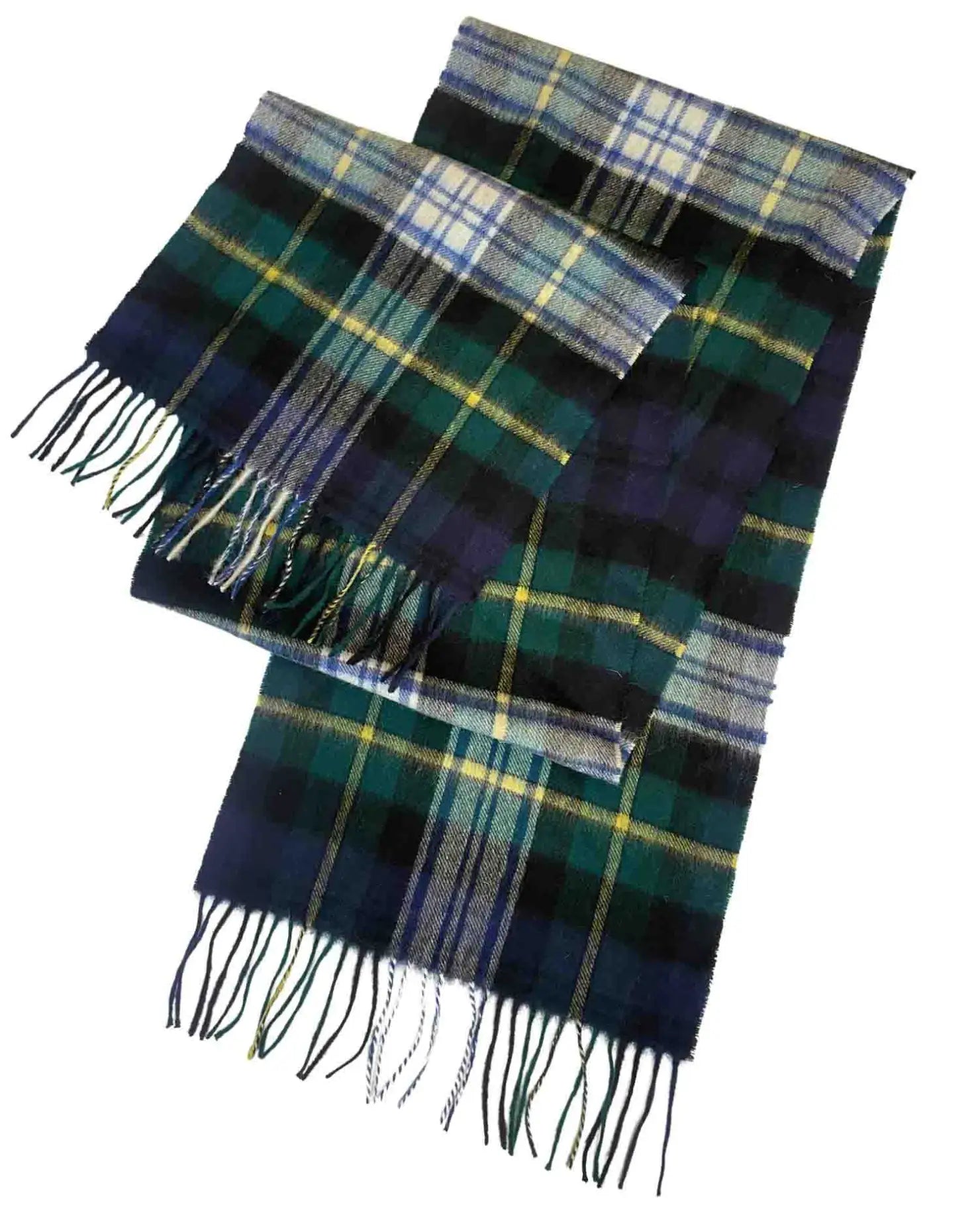 Plaid wool Scottish tartan scarf in navy, green, and yellow from Mongolian wool