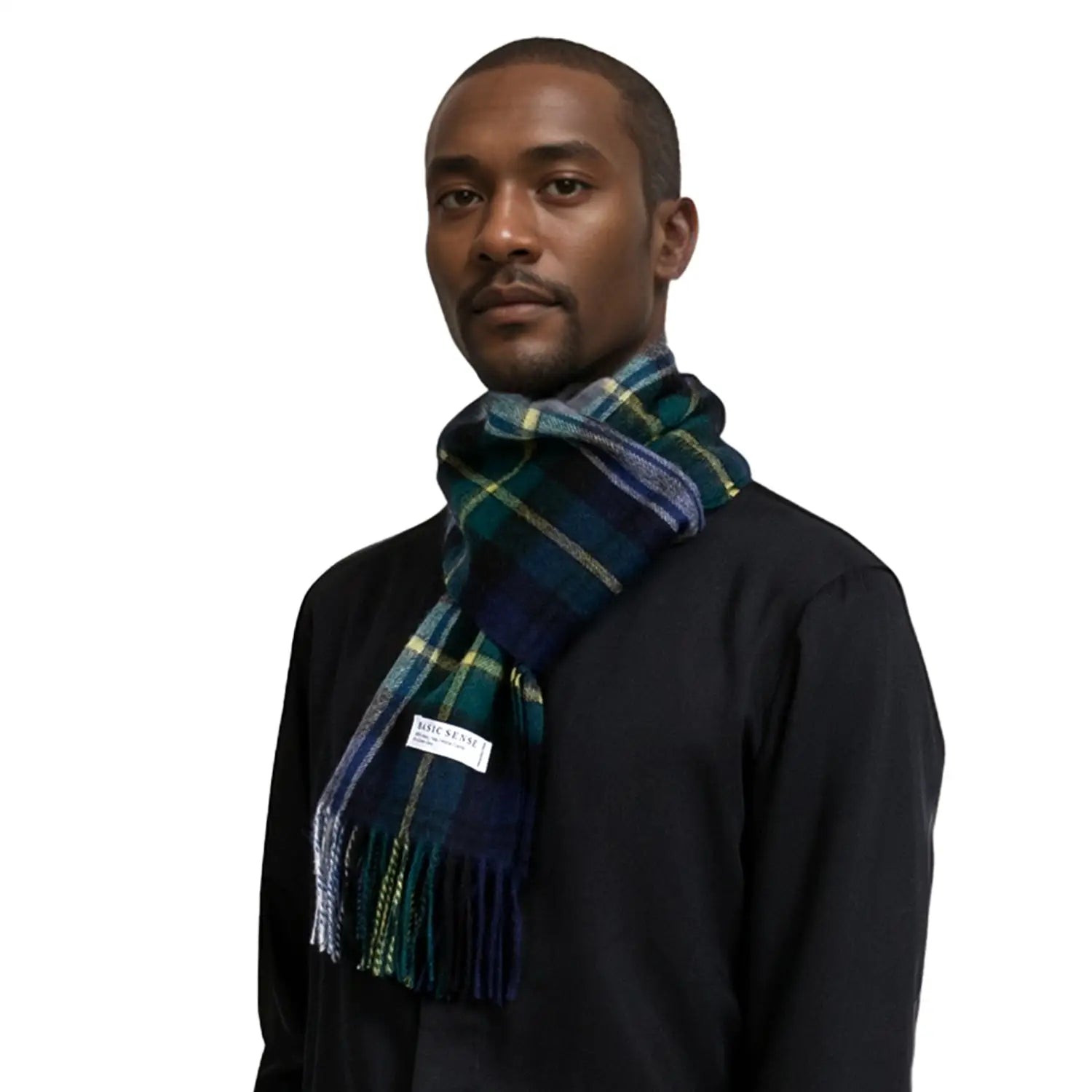 Mongolian Wool Scottish Tartan Check Scarf with blue, green, and white stripes