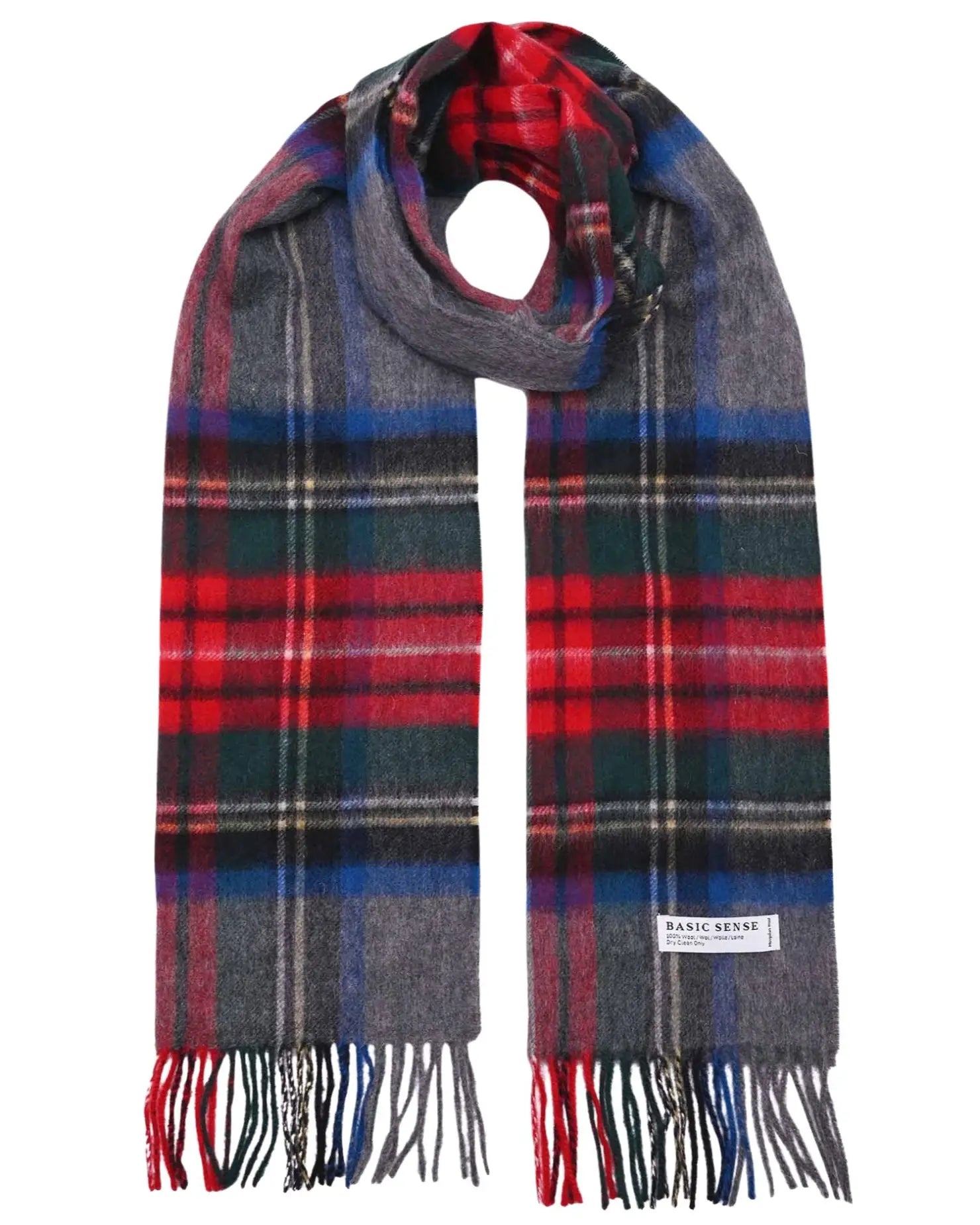 Plaid Mongolian Wool Scottish Tartan Check Scarf in red, blue, and gray with fringed ends