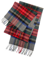 Plaid wool Scottish tartan scarf in red, blue, green, and gray with fringed ends