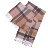 A soft-toned plaid tartan scarf in shades of beige and brown, neatly folded and displayed with a visible 'Basic Sense' tag. Its versatile design complements both casual and formal outfits