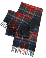 A high-quality photo of a folded Scottish tartan check scarf for unisex, featuring Stewart tartan in navy colours. This versatile scarf makes an excellent Christmas gift for both men and women, providing extra warmth during winter