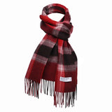 An image showcasing a red and black plaid, Scottish tartan pattern wool scarf for unisex, elegantly wrapped and styled with a visible 'Basic Sense' tag. Set against a neutral backdrop, the scarf is made of 100% Mongolian wool