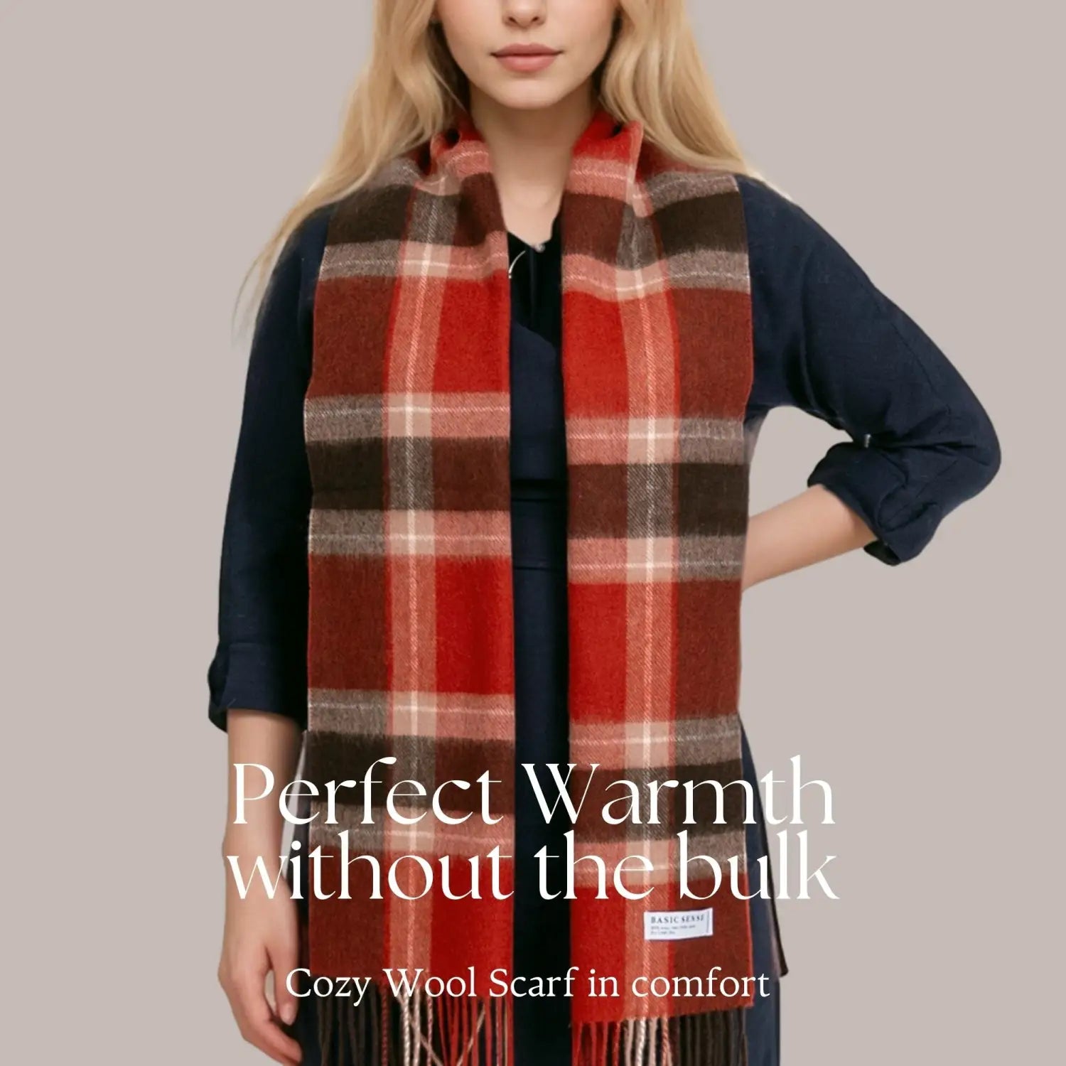 Plaid Mongolian Wool Scottish Tartan Check Scarf in red, brown, and cream tones