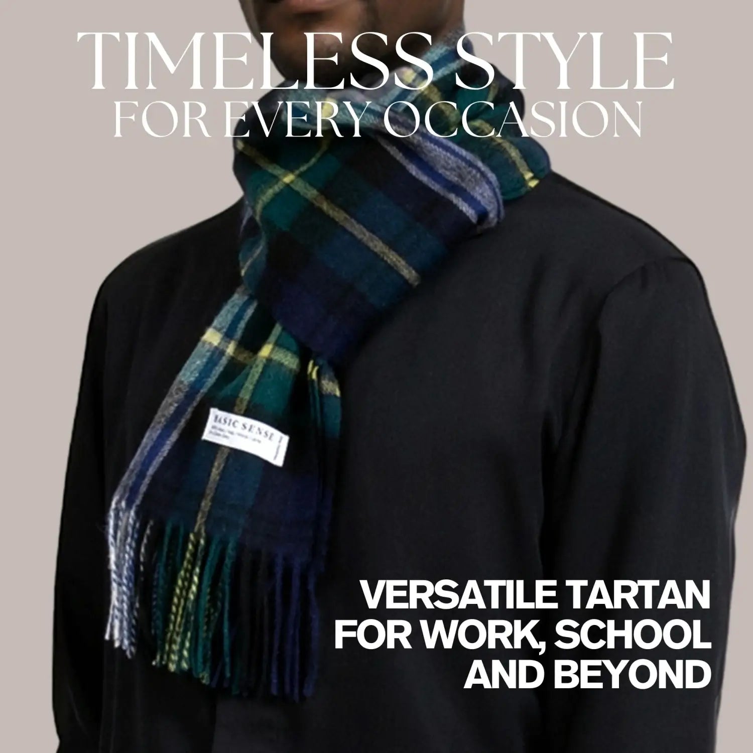 Mongolian Wool Scottish Tartan scarf elegantly draped over a black jacket