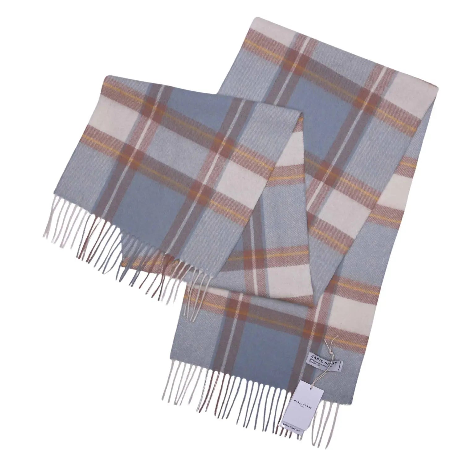 A neatly folded scarf with pale blue and soft beige plaids, accented with brown lines and fringes at the ends, tagged with a label, lying on a flat, light-colored surface.