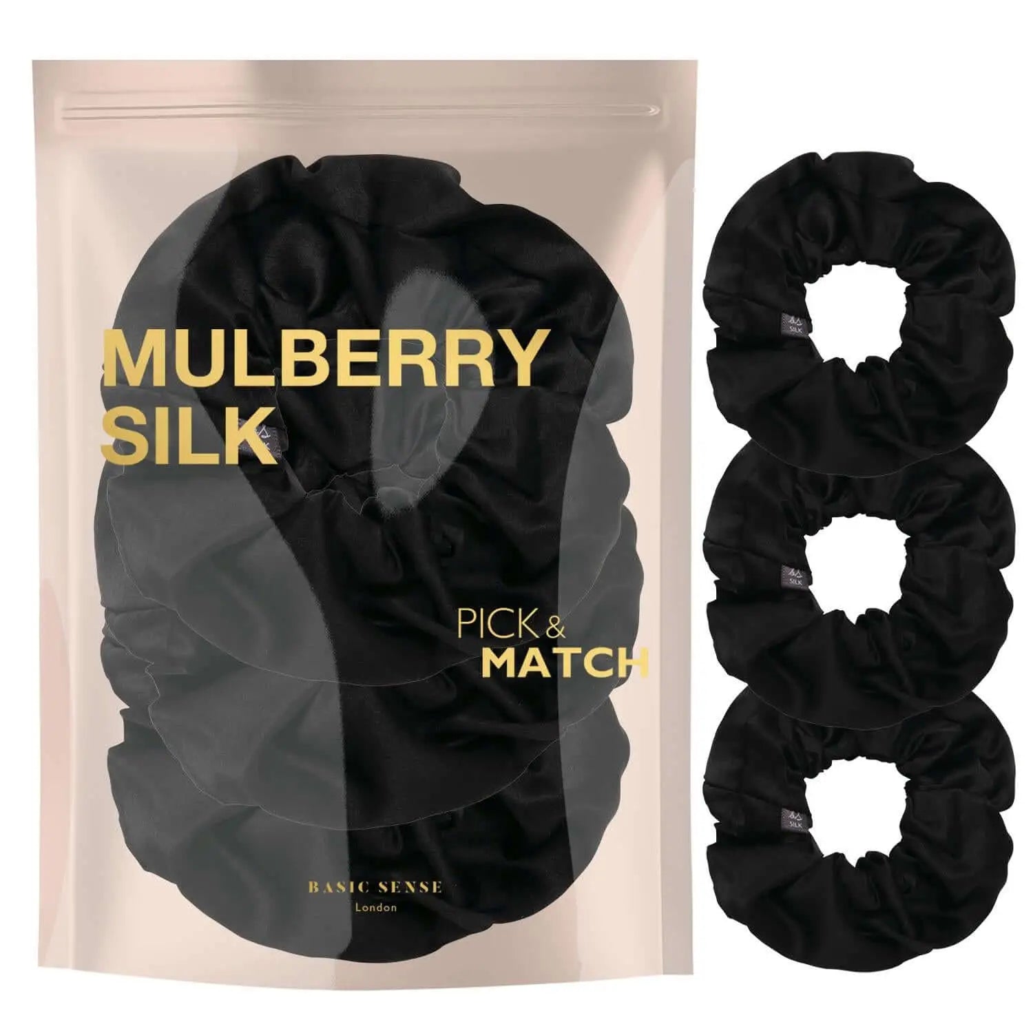 Mulberry silk hair scrunchies set with black ribbon.