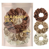 Mulberry silk hair scrunchies featured in a 3-piece set