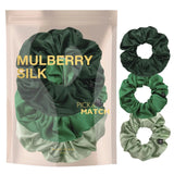 Mulberry Silk Hair Scrunchies: Green and Black Design