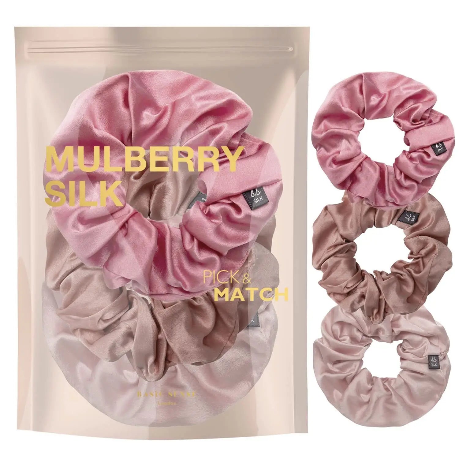 Mulberry silk hair scrunchies set of 3 on white background