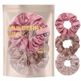 Mulberry silk hair scrunchies set of 3 on white background