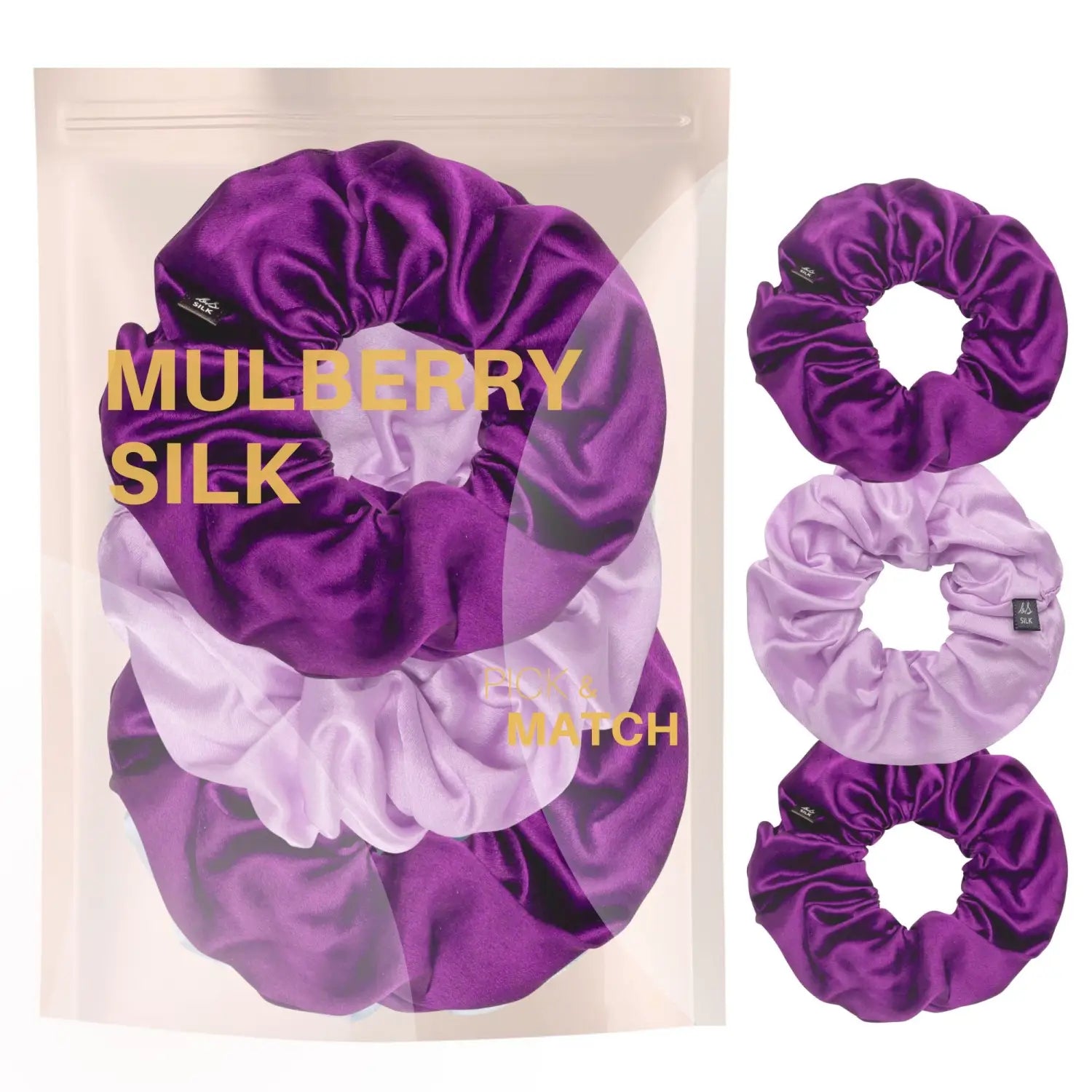 Mulberry Silk Hair Scrunchies in Purple and White Design, 3-Piece Set