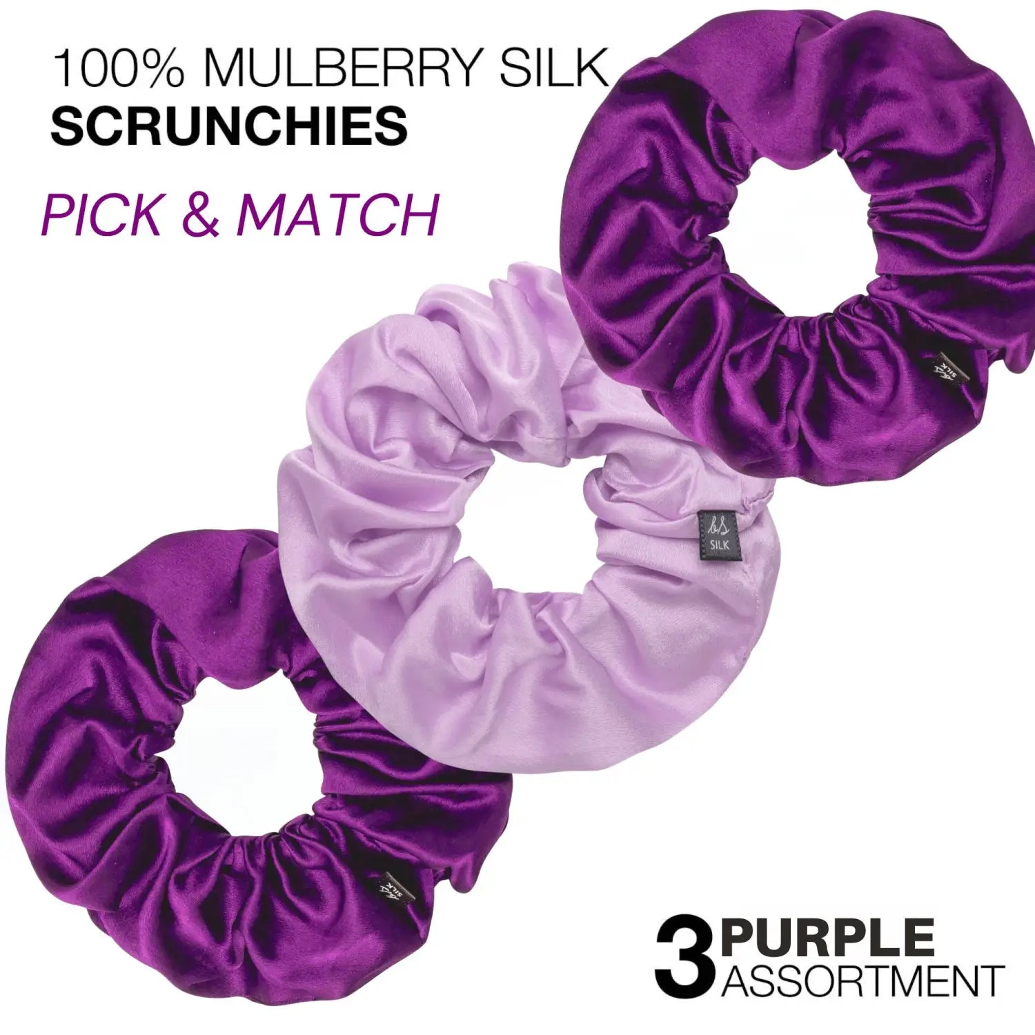 Mulberry Silk Hair Scrunchies: Large 3-Piece Set - purple and white scrunchies with black tag