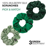 Mulberry silk hair scrunchies in various shades of green.