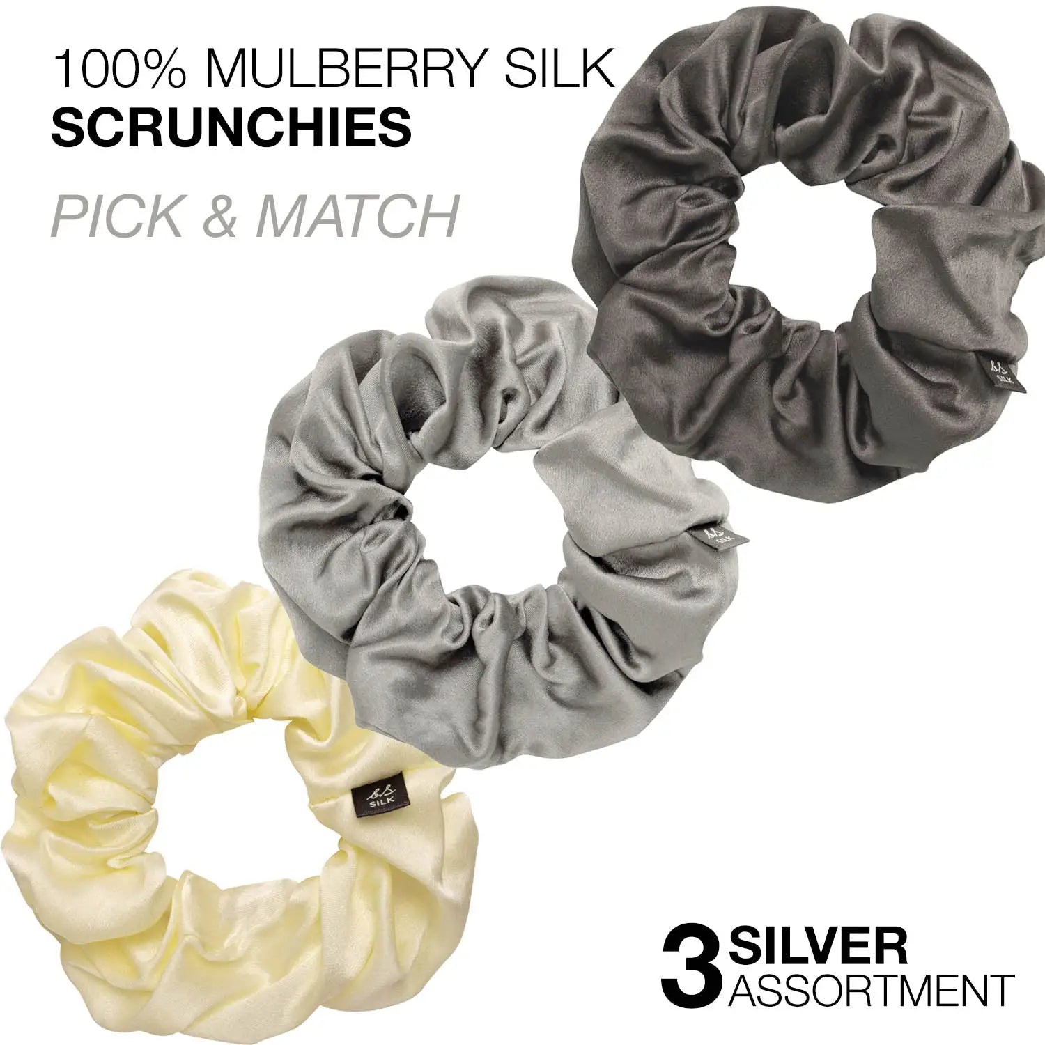 Mulberry Silk Hair Scrunchies Set - three scrunchies on white background