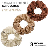 Mulberry silk hair scrunchies in brown, cream and black - 3-piece set