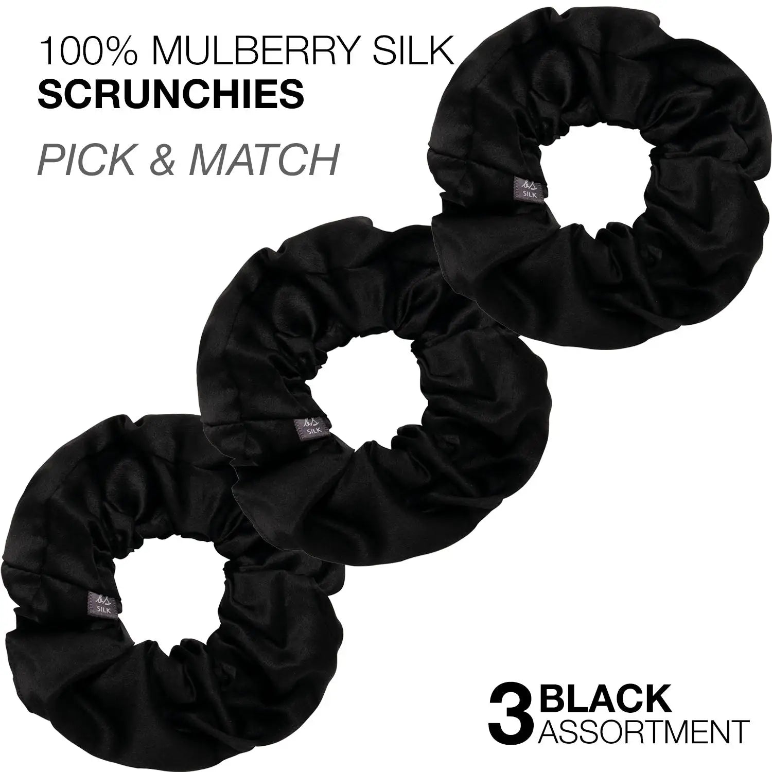 Mulberry silk hair scrunchies with black logo on white background