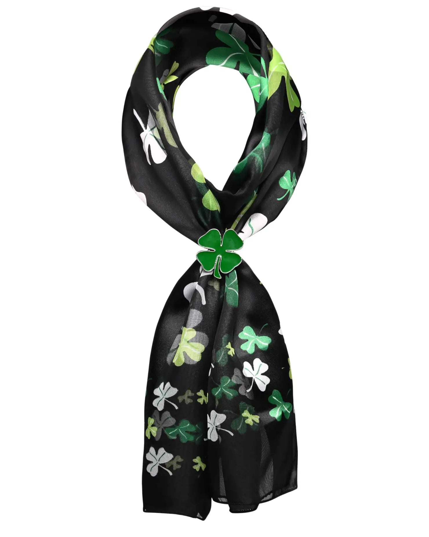 Celtic shamrock satin scarf with green leaves for St. Patrick’s Day
