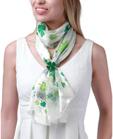 Woman wearing Celtic Shamrock satin scarf for St. Patrick’s Day.
