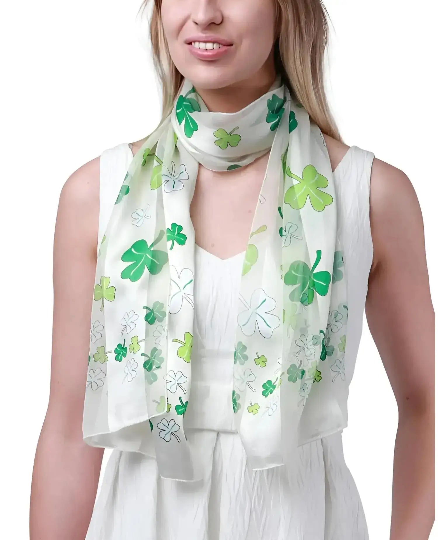 Woman wearing white dress and green scarf - Multi Shamrock Satin Scarf for St. Patrick’s Day