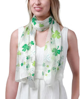 Woman wearing white dress and green scarf - Multi Shamrock Satin Scarf for St. Patrick’s Day
