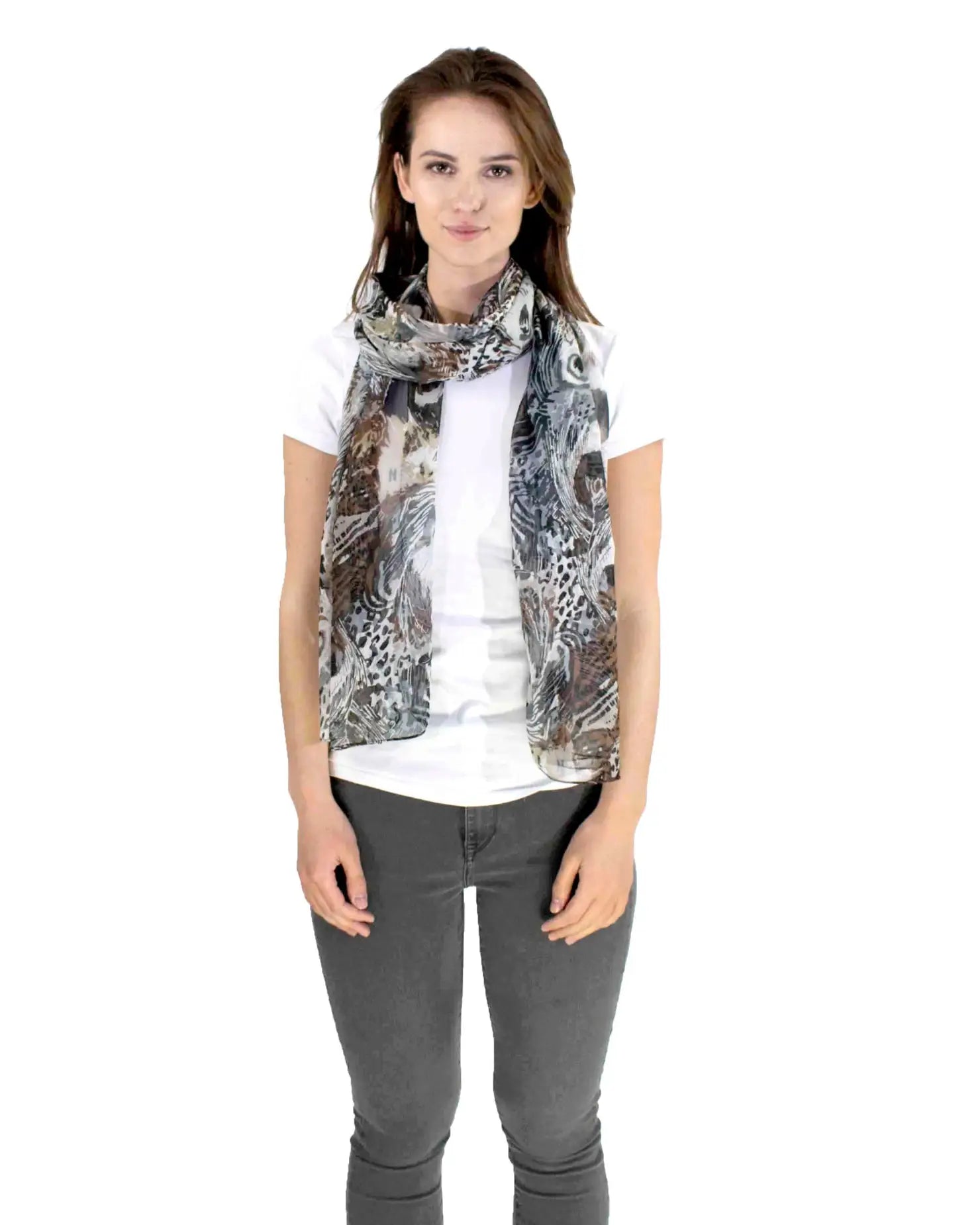 Multicoloured Animal Print Chiffon Scarf featuring a woman in white shirt and grey jeans