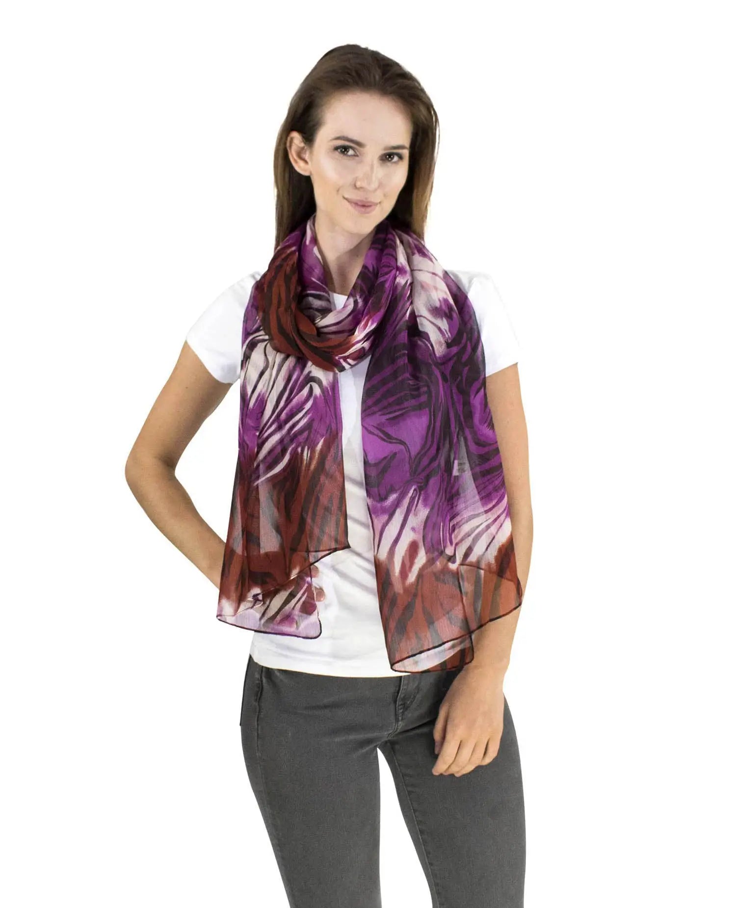 Multicoloured Animal Print Chiffon Scarf with purl stitching worn by a woman