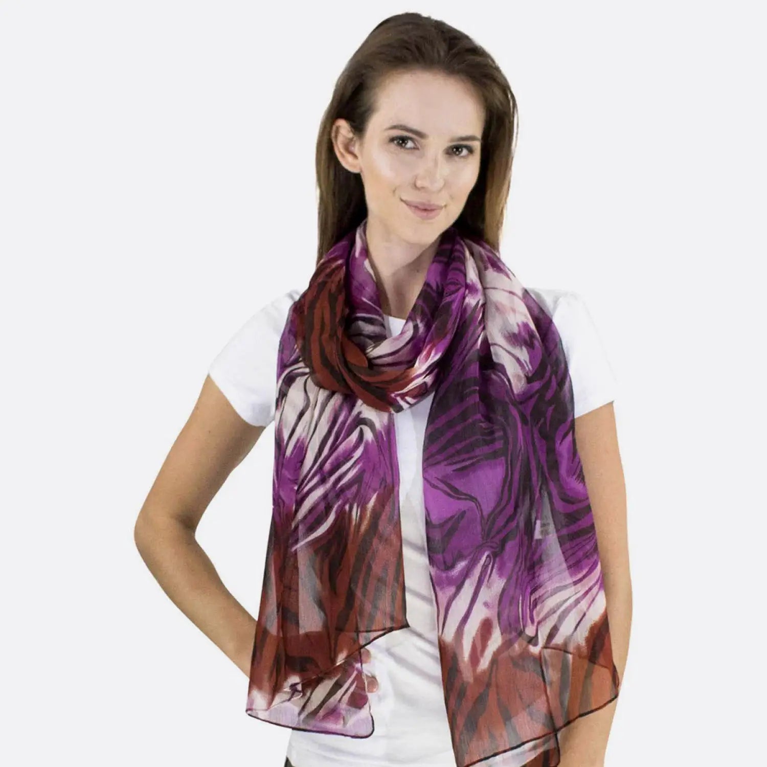 Multicoloured animal print chiffon scarf with woman wearing purple scarf