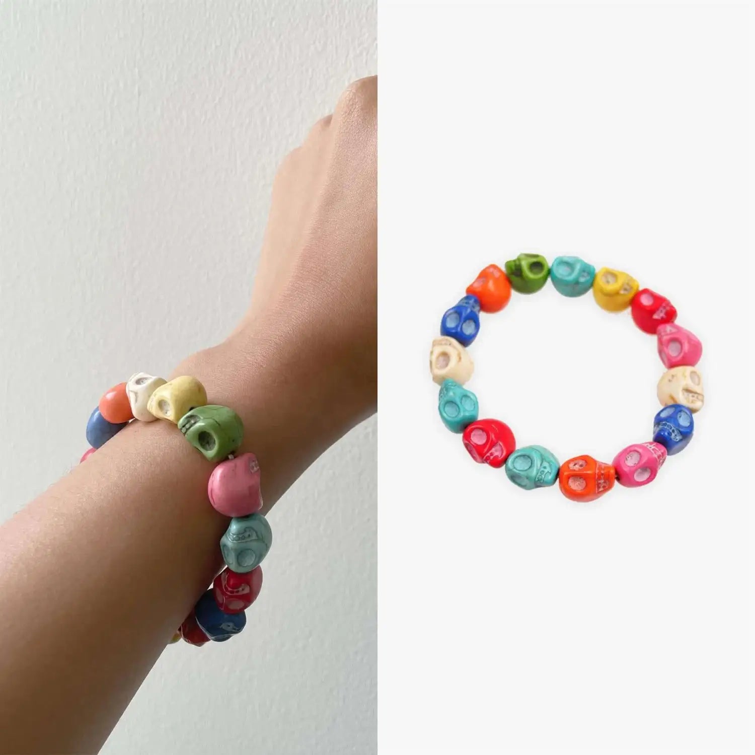 Multicoloured rainbow gothic skull bracelet with howlite stones on a woman’s hand.