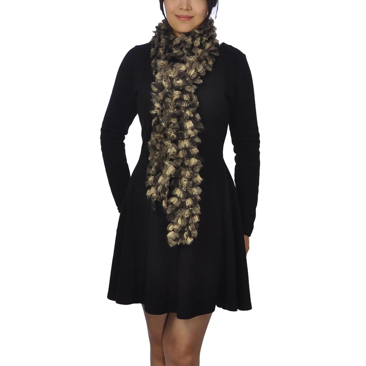 Woman in black dress and gold scarf with Multicoloured Textured Boa Print Scarf.