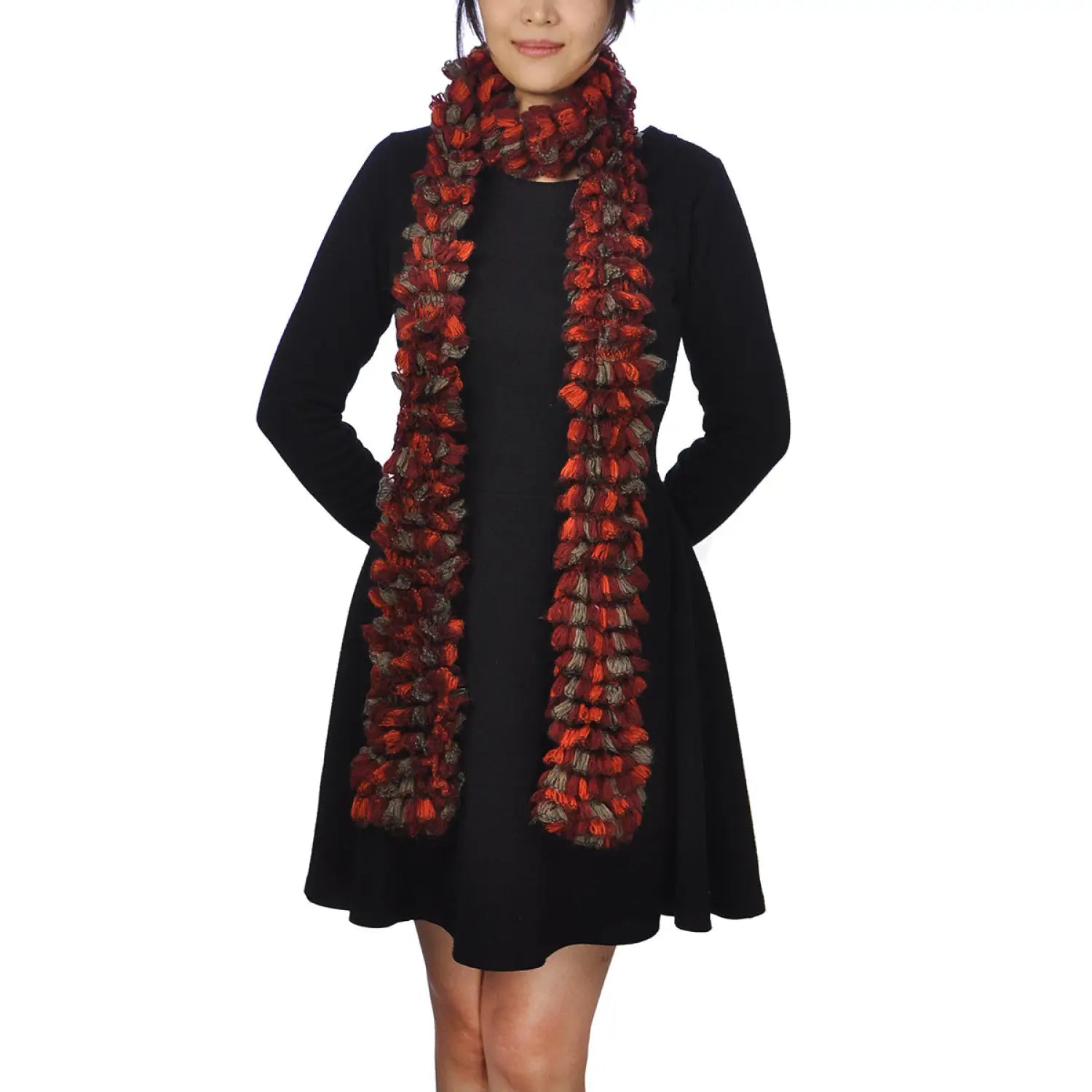 Woman wearing black dress and red scarf featuring Multicoloured Textured Boa Print Scarf