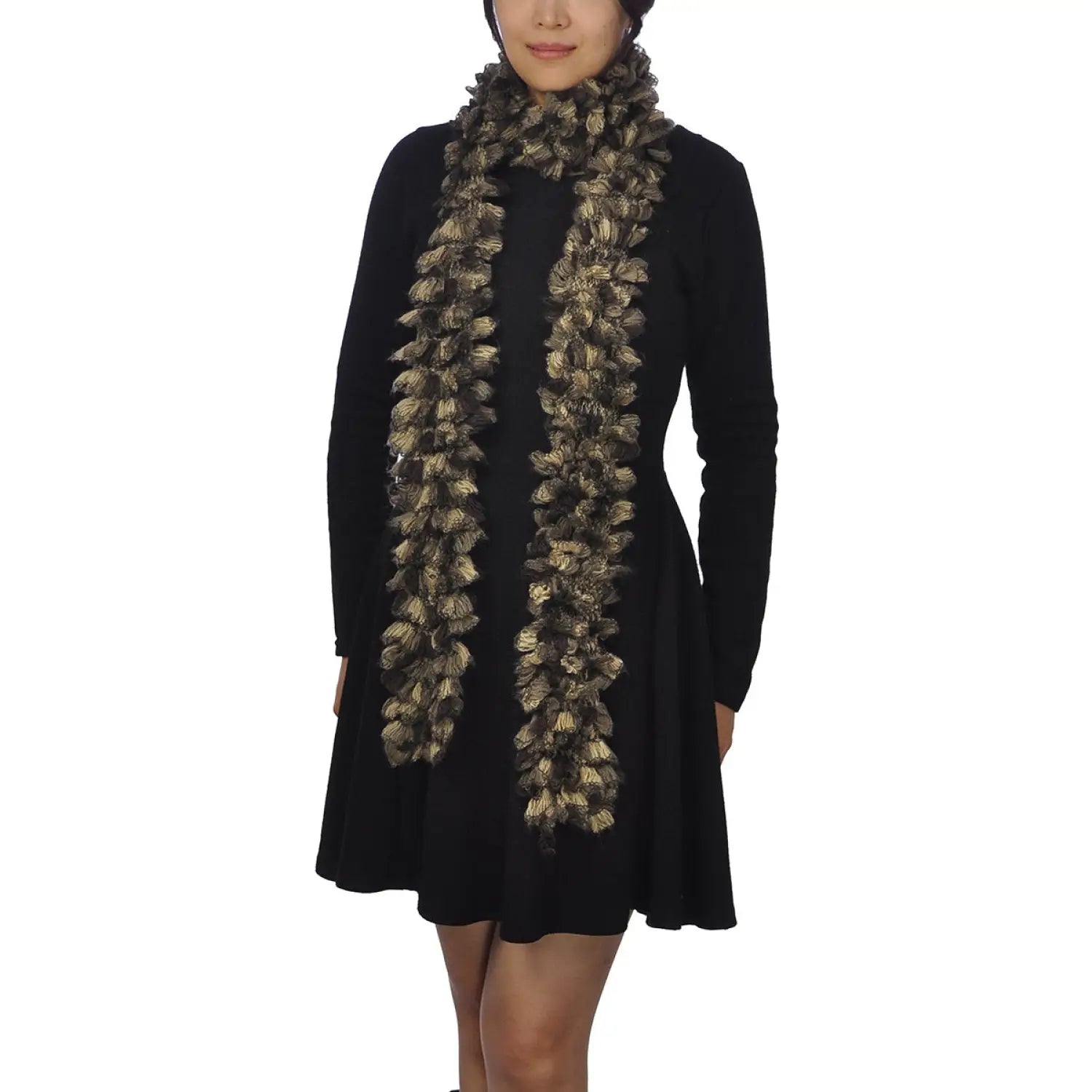 Multicoloured Textured Boa Print Scarf, woman in black dress and gold scarf