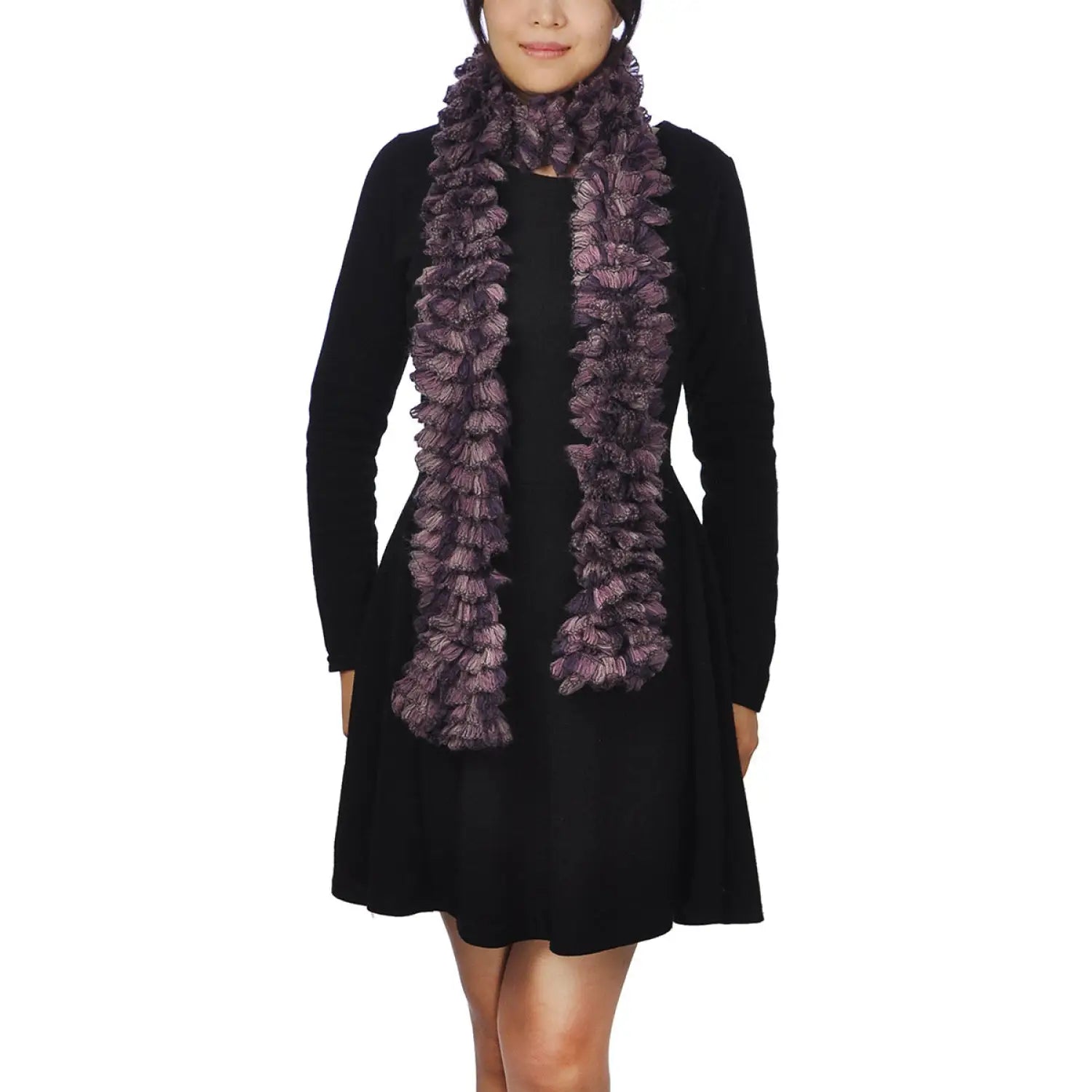 Multicoloured textured boa print scarf featuring woman in black dress and purple scarf