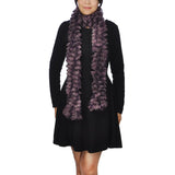 Multicoloured textured boa print scarf featuring woman in black dress and purple scarf
