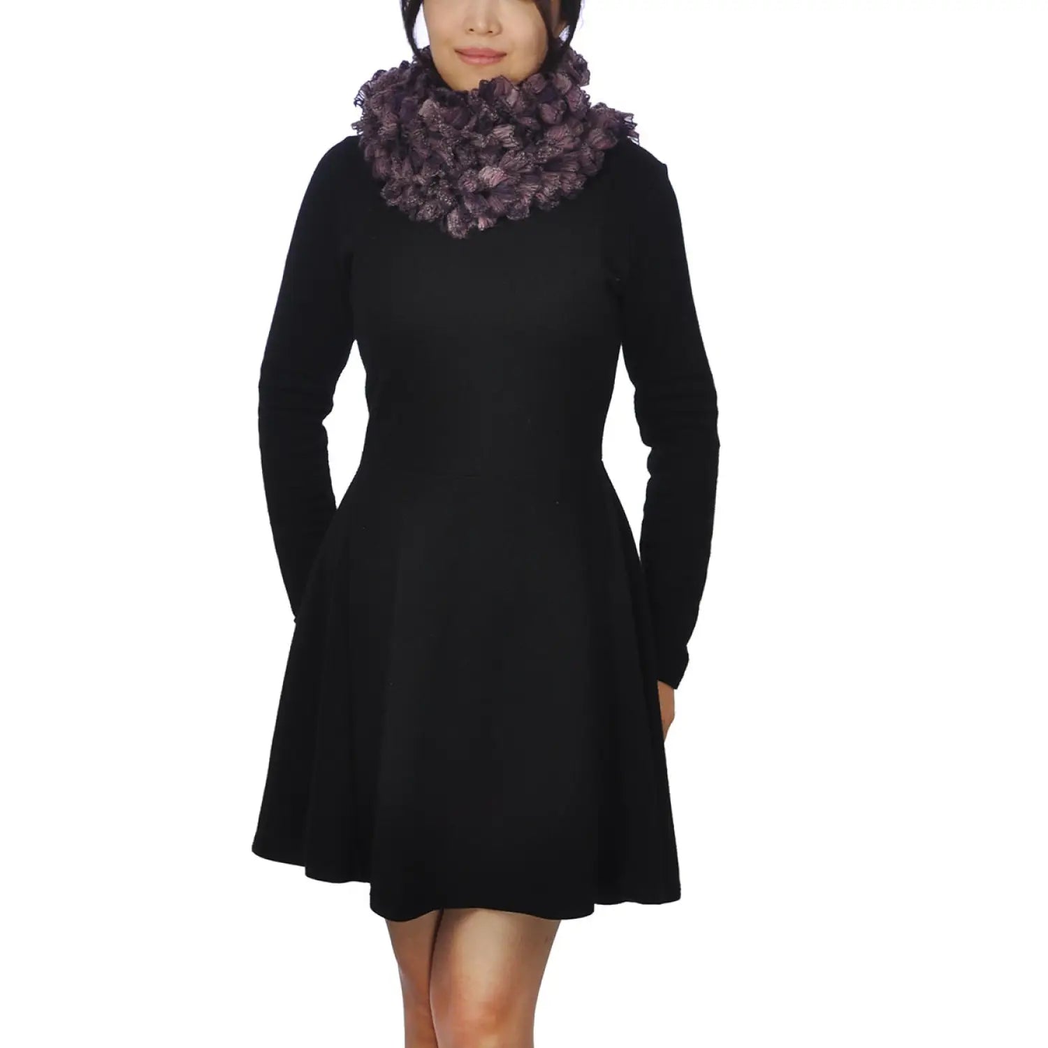 Woman in black dress with purple scarf from Multicoloured Textured Boa Print Scarf product