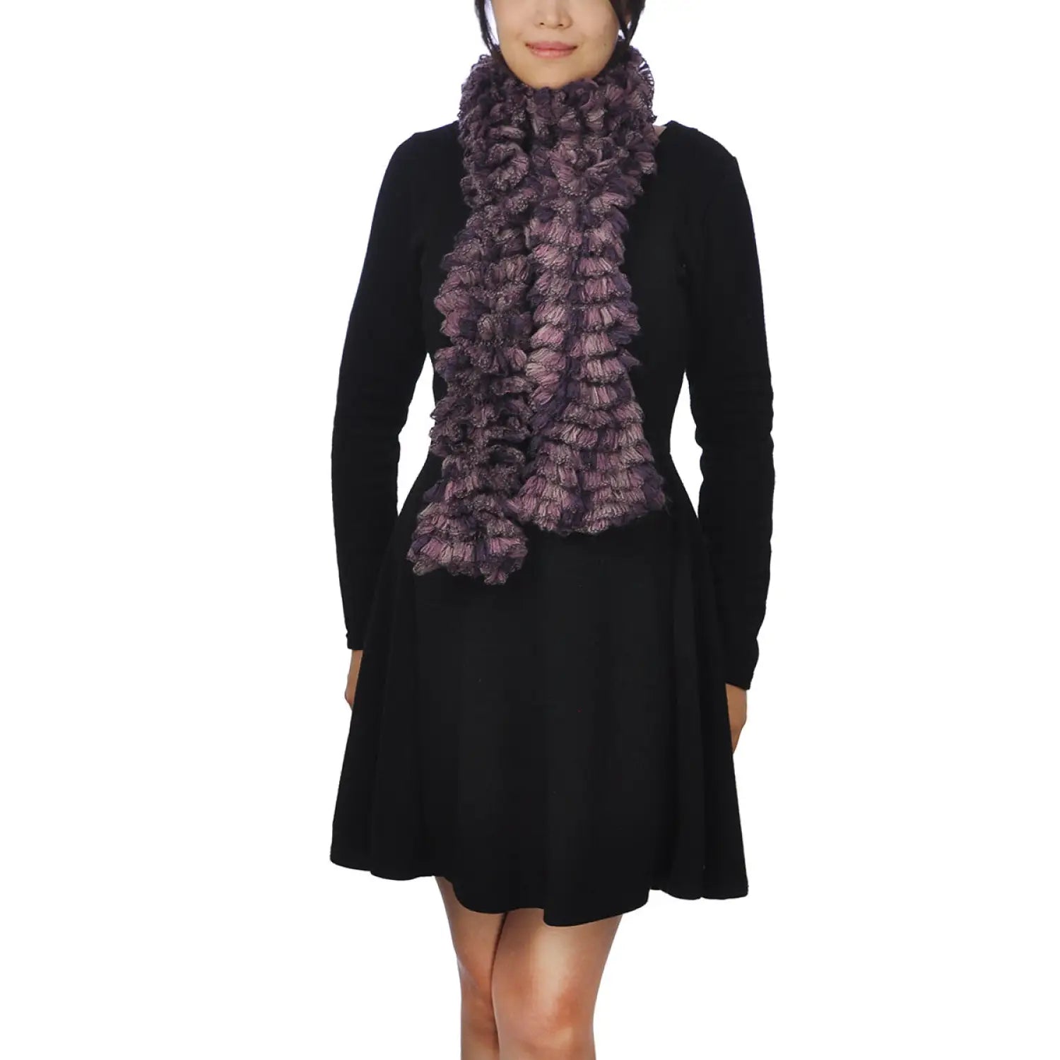 Woman wearing a black dress and purple scarf from Multicoloured Textured Boa Print Scarf.