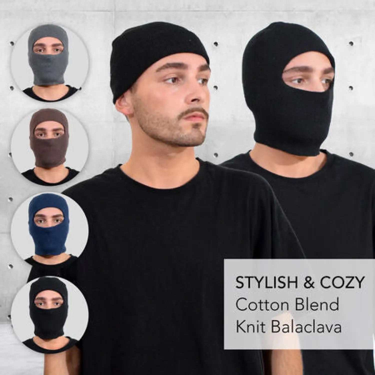 Man wearing black cotton blend hat and t-shirt advertised as Multifunctional Cotton Blend Balaclava Face Cover Hat.
