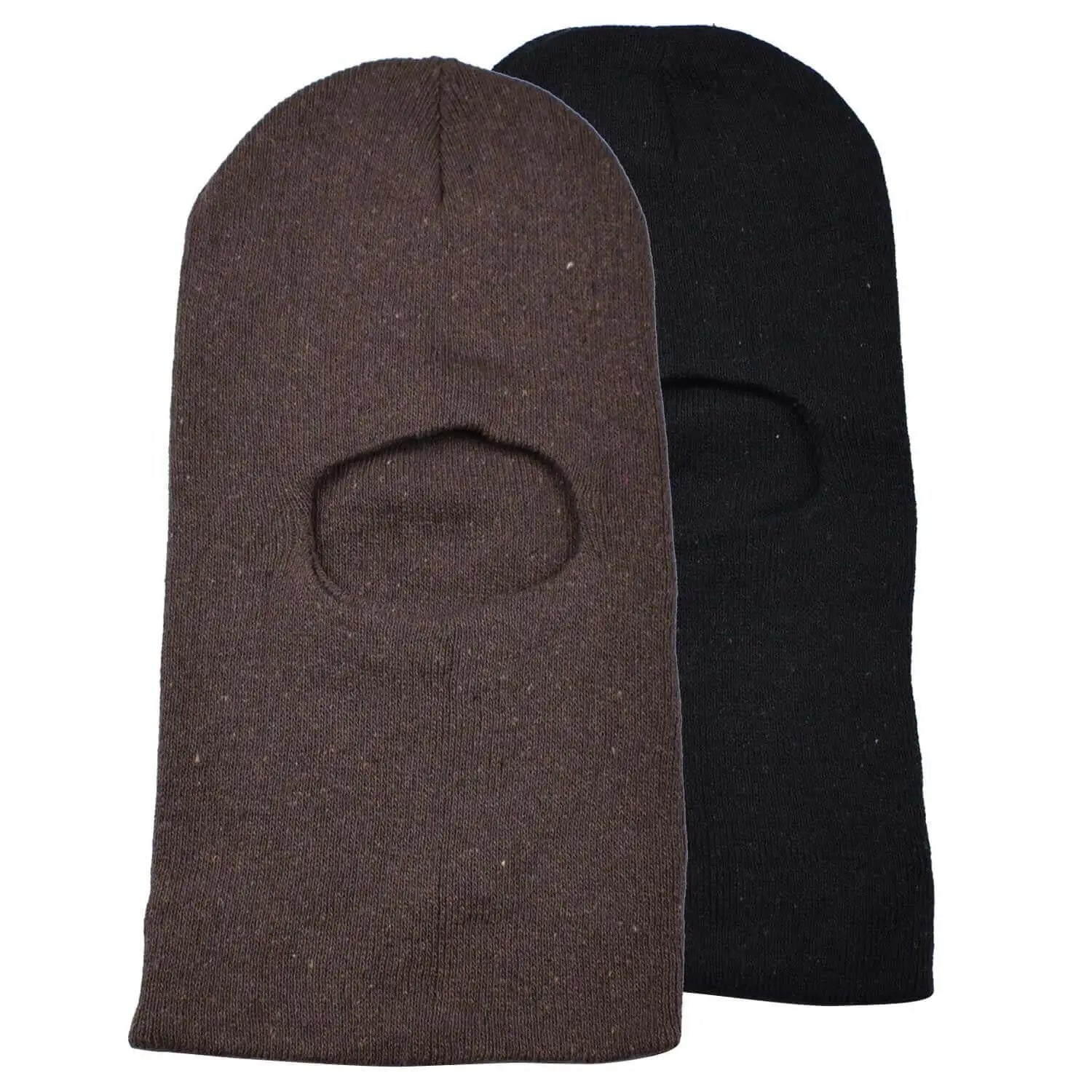 Multifunctional cotton blend black and brown beanies displayed in product named ’Multifunctional Cotton Blend Balaclava Face Cover Hat’.