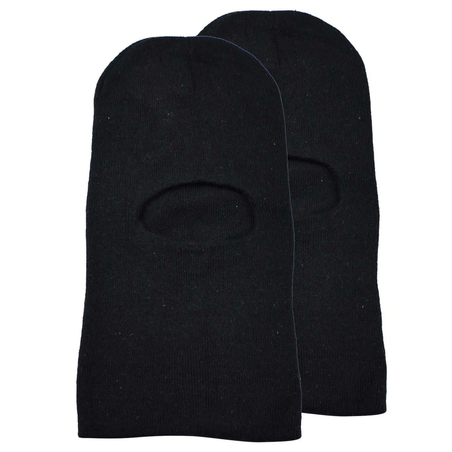 Two black knit beanies on display, Multifunctional Cotton Blend Balaclava Face Cover Hat.