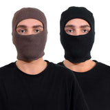 Two men wearing a black and brown multifunctional cotton blend balaclava hat